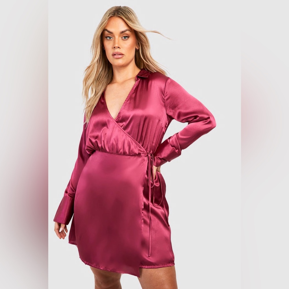 PLUS SATIN BELTED WRAP DRESS